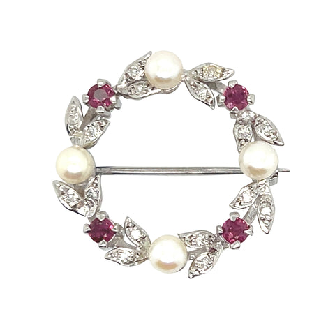 Diamond, Ruby & Pearl Brooch