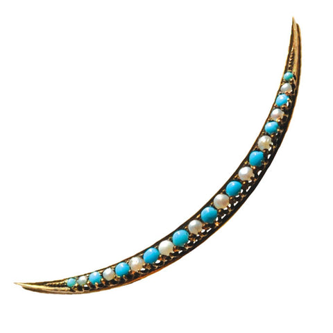 Turquoise & Pearl Crescent Brooch