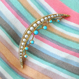 Turquoise & Pearl Crescent Brooch