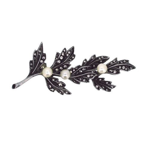 Marcasite & Pearl Leaf Brooch