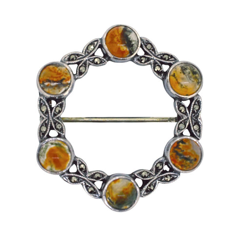 Marcasite & Moss Agate Brooch