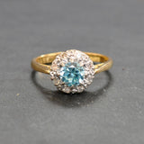 Blue zircon and diamond ring